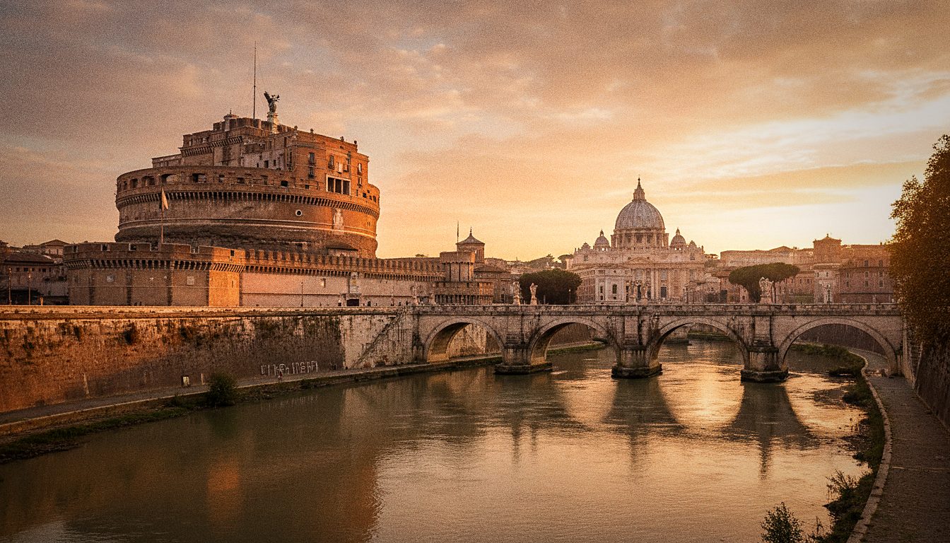 Uitzicht over de Tiber en de koepel van de Sint-Pieter vanaf het terras van de Engelenburcht bij zonsondergang